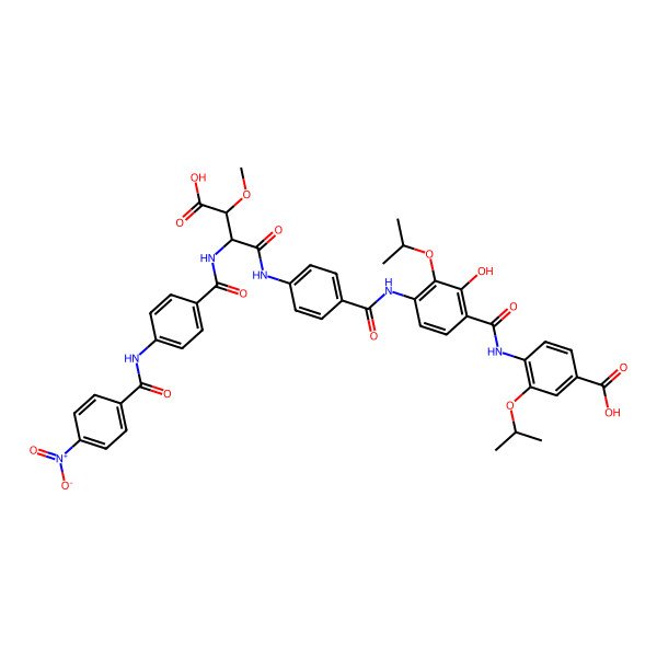 2D Structure of 4-[[4-[[4-[[3-Carboxy-3-methoxy-2-[[4-[(4-nitrobenzoyl)amino]benzoyl]amino]propanoyl]amino]benzoyl]amino]-2-hydroxy-3-propan-2-yloxybenzoyl]amino]-3-propan-2-yloxybenzoic acid