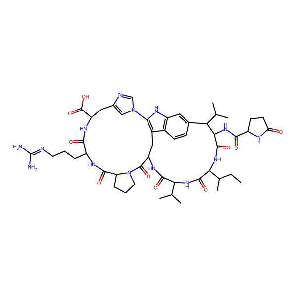 2D Structure of (7S,10S,13S,19S,22S,25S,28S,29R)-25-[(2R)-butan-2-yl]-10-[3-(diaminomethylideneamino)propyl]-9,12,18,21,24,27-hexaoxo-28-[[(2S)-5-oxopyrrolidine-2-carbonyl]amino]-22,29-di(propan-2-yl)-2,4,8,11,17,20,23,26,35-nonazahexacyclo[17.16.2.12,5.130,34.013,17.033,36]nonatriaconta-1(36),3,5(39),30(38),31,33-hexaene-7-carboxylic acid
