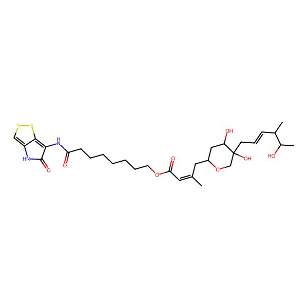 2D Structure of [8-oxo-8-[(5-oxo-4H-dithiolo[4,3-b]pyrrol-6-yl)amino]octyl] (E)-4-[(2S,4S)-4,5-dihydroxy-5-[(E)-5-hydroxy-4-methylhex-2-enyl]oxan-2-yl]-3-methylbut-2-enoate