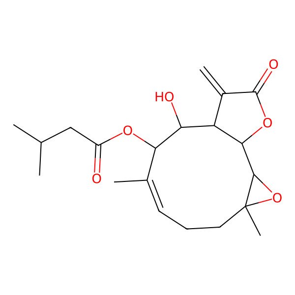 2D Structure of (10-Hydroxy-4,8-dimethyl-12-methylidene-13-oxo-3,14-dioxatricyclo[9.3.0.02,4]tetradec-7-en-9-yl) 3-methylbutanoate