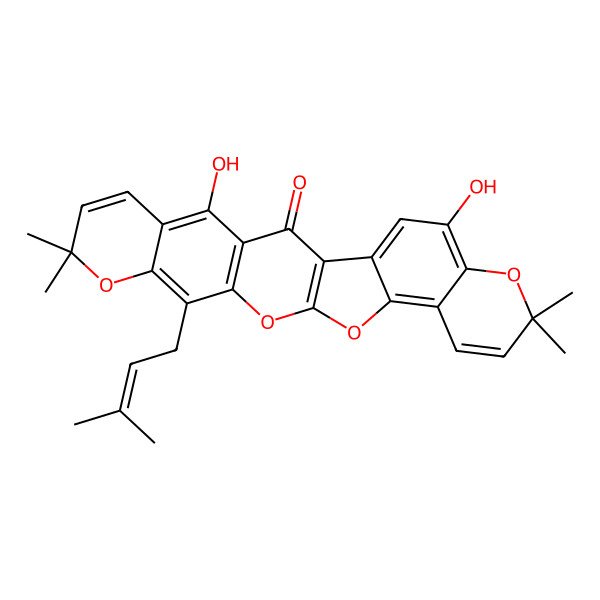 2D Structure of 11,17-Dihydroxy-7,7,20,20-tetramethyl-4-(3-methylbut-2-enyl)-2,6,19,25-tetraoxahexacyclo[12.11.0.03,12.05,10.015,24.018,23]pentacosa-1(14),3(12),4,8,10,15,17,21,23-nonaen-13-one
