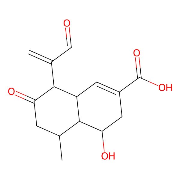2D Structure of 4-hydroxy-5-methyl-7-oxo-8-(3-oxoprop-1-en-2-yl)-4,4a,5,6,8,8a-hexahydro-3H-naphthalene-2-carboxylic acid