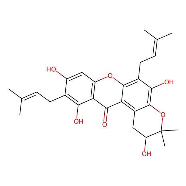 2D Structure of (2R)-2,5,9,11-tetrahydroxy-3,3-dimethyl-6,10-bis(3-methylbut-2-enyl)-1,2-dihydropyrano[3,2-a]xanthen-12-one