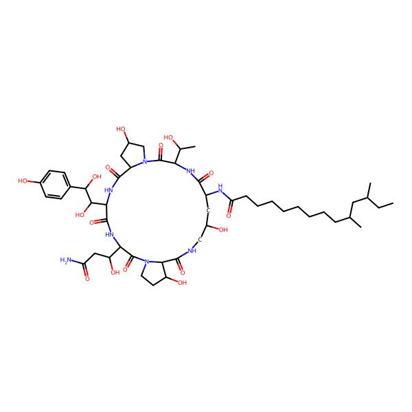 2D Structure of N-[3-(3-amino-1-hydroxy-3-oxopropyl)-6-[1,2-dihydroxy-2-(4-hydroxyphenyl)ethyl]-11,20,25-trihydroxy-15-(1-hydroxyethyl)-2,5,8,14,17,23-hexaoxo-1,4,7,13,16,22-hexazatricyclo[22.3.0.09,13]heptacosan-18-yl]-10,12-dimethyltetradecanamide