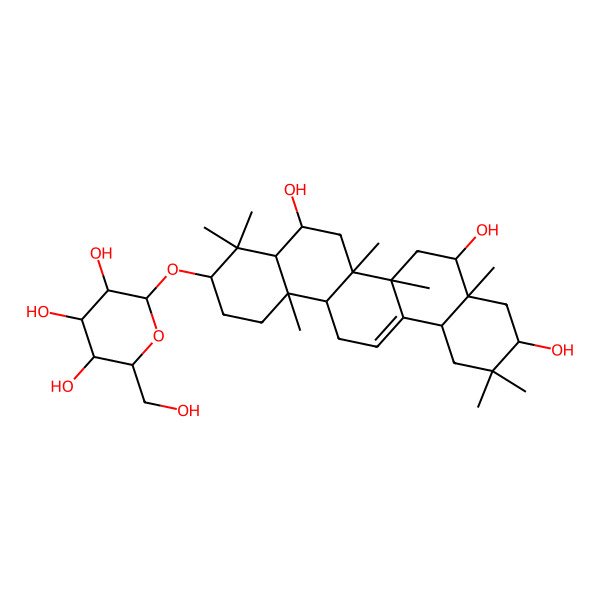 2D Structure of 2-(Hydroxymethyl)-6-[(5,8,10-trihydroxy-4,4,6a,6b,8a,11,11,14b-octamethyl-1,2,3,4a,5,6,7,8,9,10,12,12a,14,14a-tetradecahydropicen-3-yl)oxy]oxane-3,4,5-triol