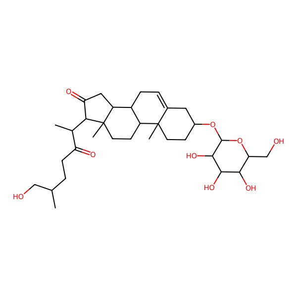 2D Structure of (3S,8S,9S,10R,13S,14S,17R)-17-[(2S,6R)-7-hydroxy-6-methyl-3-oxoheptan-2-yl]-10,13-dimethyl-3-[(2R,3R,4S,5S,6R)-3,4,5-trihydroxy-6-(hydroxymethyl)oxan-2-yl]oxy-1,2,3,4,7,8,9,11,12,14,15,17-dodecahydrocyclopenta[a]phenanthren-16-one