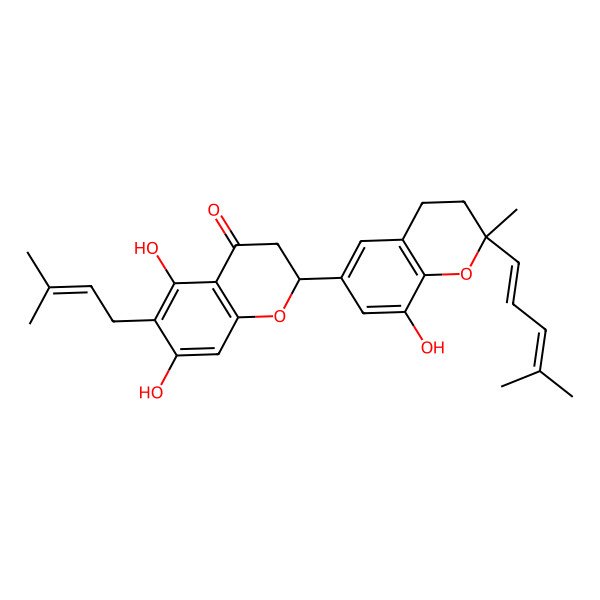 2D Structure of 5,7-Dihydroxy-2-[8-hydroxy-2-methyl-2-(4-methylpenta-1,3-dienyl)-3,4-dihydrochromen-6-yl]-6-(3-methylbut-2-enyl)-2,3-dihydrochromen-4-one