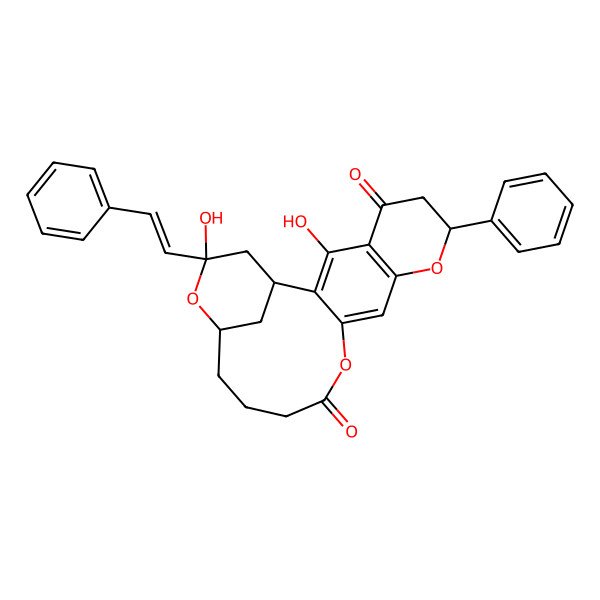 2D Structure of (1S,7R,17S,19S)-3,19-dihydroxy-7-phenyl-19-[(E)-2-phenylethenyl]-8,12,18-trioxatetracyclo[15.3.1.02,11.04,9]henicosa-2,4(9),10-triene-5,13-dione