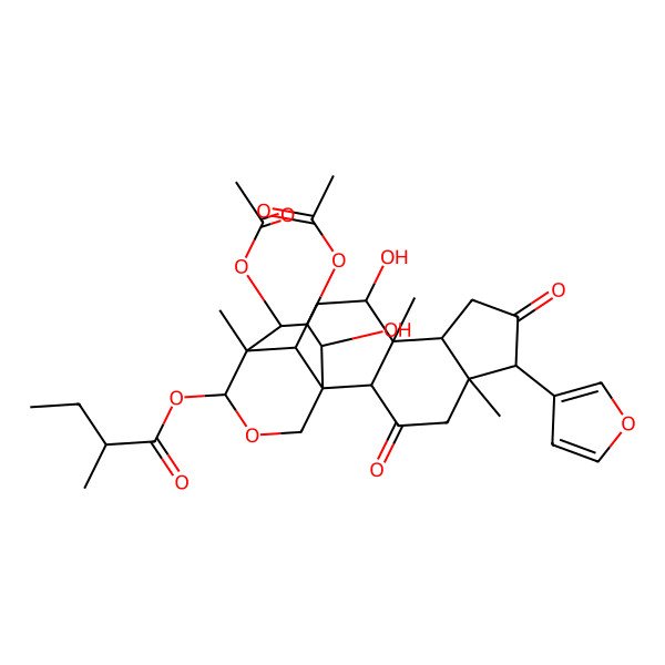 2D Structure of [(1S,2S,5S,6R,9S,10R,11R,13R,14R,15R,18S,19R,20R)-19,20-diacetyloxy-6-(furan-3-yl)-11,18-dihydroxy-5,10,14-trimethyl-3,7-dioxo-16-oxapentacyclo[12.3.3.01,13.02,10.05,9]icosan-15-yl] (2R)-2-methylbutanoate