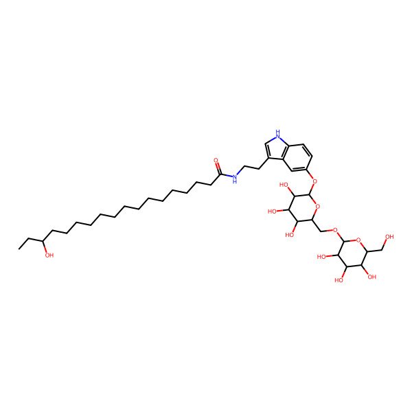 2D Structure of (16S)-16-hydroxy-N-[2-[5-[(2S,3R,4S,5S,6R)-3,4,5-trihydroxy-6-[[(2R,3R,4S,5S,6R)-3,4,5-trihydroxy-6-(hydroxymethyl)oxan-2-yl]oxymethyl]oxan-2-yl]oxy-1H-indol-3-yl]ethyl]octadecanamide