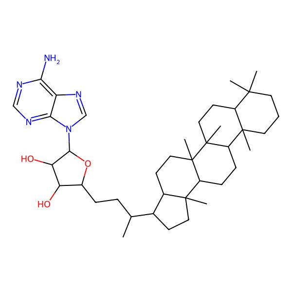 2D Structure of (2R,3S,4R,5R)-2-[(3S)-3-[(3R,3aR,5aR,5bR,7aS,11aS,11bR,13aR,13bS)-5a,5b,8,8,11a,13b-hexamethyl-1,2,3,3a,4,5,6,7,7a,9,10,11,11b,12,13,13a-hexadecahydrocyclopenta[a]chrysen-3-yl]butyl]-5-(6-aminopurin-9-yl)oxolane-3,4-diol