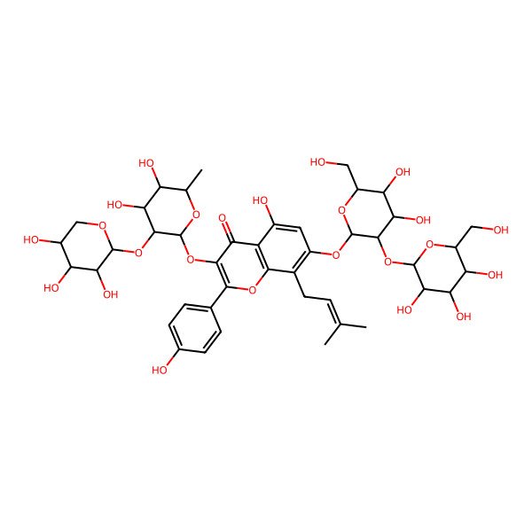 2D Structure of 7-[(2S,3R,4S,5S,6R)-4,5-dihydroxy-6-(hydroxymethyl)-3-[(2S,3R,4S,5S,6R)-3,4,5-trihydroxy-6-(hydroxymethyl)oxan-2-yl]oxyoxan-2-yl]oxy-3-[(2S,3R,4R,5R,6S)-4,5-dihydroxy-6-methyl-3-[(2S,3R,4S,5R)-3,4,5-trihydroxyoxan-2-yl]oxyoxan-2-yl]oxy-5-hydroxy-2-(4-hydroxyphenyl)-8-(3-methylbut-2-enyl)chromen-4-one