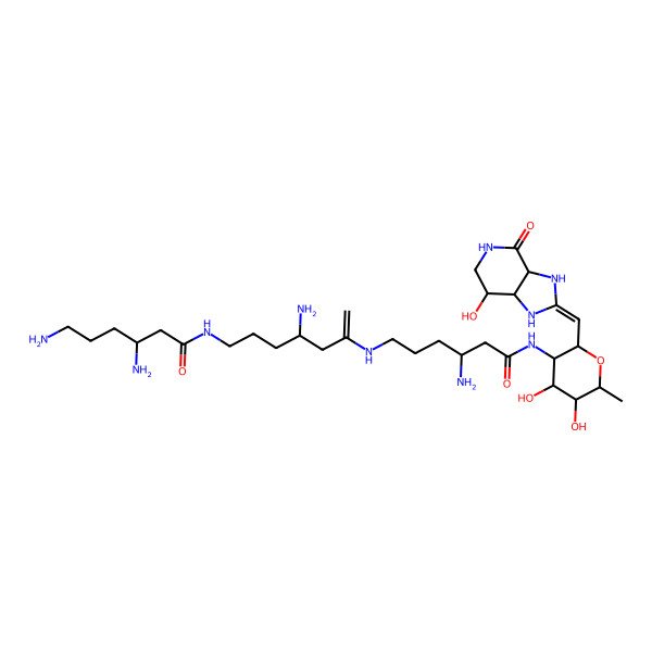 2D Structure of (3S)-N-[(4S)-6-[[(4S)-6-[[2-[(Z)-[(3aR,7R,7aS)-7-hydroxy-4-oxo-3,3a,5,6,7,7a-hexahydro-1H-imidazo[4,5-c]pyridin-2-ylidene]methyl]-4,5-dihydroxy-6-methyloxan-3-yl]amino]-4-amino-6-oxohexyl]amino]-4-aminohept-6-enyl]-3,6-diaminohexanamide