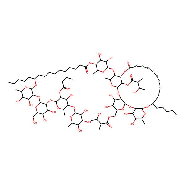 2D Structure of [4,5-Dihydroxy-2-methyl-6-[[4,5,11,12-tetrahydroxy-33-(3-hydroxy-2-methylbutanoyl)oxy-6-[(3-hydroxy-2-methylbutanoyl)oxymethyl]-13,31-dimethyl-27-oxo-17-pentyl-2,7,9,14,16,28,32-heptaoxatetracyclo[27.3.1.03,8.010,15]tritriacontan-30-yl]oxy]oxan-3-yl] 11-[3-[3-[3-butanoyloxy-4-hydroxy-6-methyl-5-(3,4,5-trihydroxy-6-methyloxan-2-yl)oxyoxan-2-yl]oxy-4,5-dihydroxy-6-(hydroxymethyl)oxan-2-yl]oxy-4,5-dihydroxy-6-methyloxan-2-yl]oxyhexadecanoate