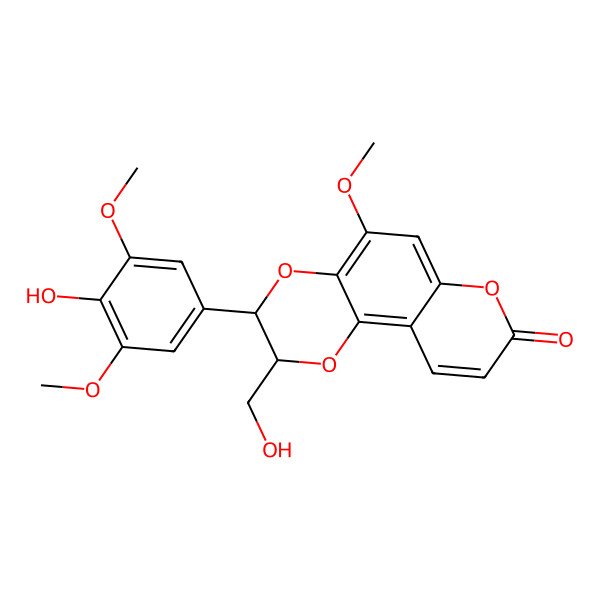 2D Structure of (2S,3R)-3-(4-hydroxy-3,5-dimethoxyphenyl)-2-(hydroxymethyl)-5-methoxy-2,3-dihydropyrano[2,3-h][1,4]benzodioxin-8-one