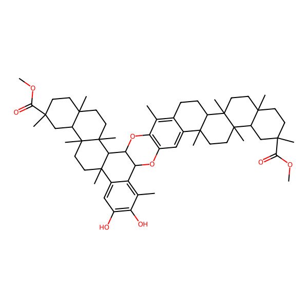 2D Structure of Dimethyl 20,21-dihydroxy-5,8,11,14,17,22,29,32,35,38,41,46-dodecamethyl-2,25-dioxaundecacyclo[24.20.0.03,24.04,17.05,14.08,13.018,23.028,45.029,42.032,41.033,38]hexatetraconta-1(26),18,20,22,27,45-hexaene-11,35-dicarboxylate