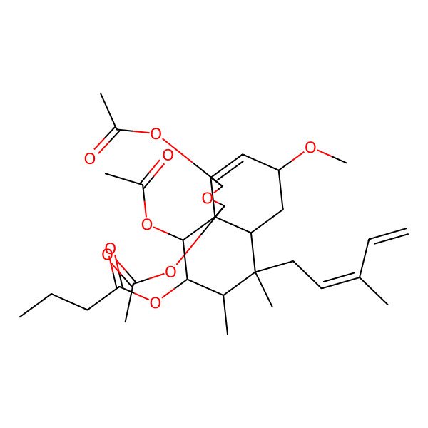 2D Structure of [1,3,10-Triacetyloxy-5-methoxy-7,8-dimethyl-7-(3-methylpenta-2,4-dienyl)-1,3,5,6,6a,8,9,10-octahydrobenzo[d][2]benzofuran-9-yl] butanoate