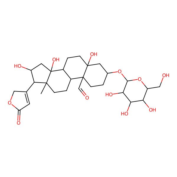 2D Structure of (3S,5S,8R,9S,10S,13R,14S,16S,17S)-5,14,16-trihydroxy-13-methyl-17-(5-oxo-2H-furan-3-yl)-3-[(2R,3R,4S,5S,6R)-3,4,5-trihydroxy-6-(hydroxymethyl)oxan-2-yl]oxy-2,3,4,6,7,8,9,11,12,15,16,17-dodecahydro-1H-cyclopenta[a]phenanthrene-10-carbaldehyde