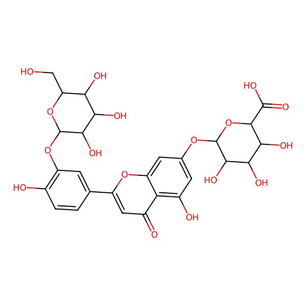 2D Structure of (2S,3S,4S,5R,6S)-3,4,5-trihydroxy-6-[5-hydroxy-2-[4-hydroxy-3-[(2S,3R,4S,5S,6R)-3,4,5-trihydroxy-6-(hydroxymethyl)oxan-2-yl]oxyphenyl]-4-oxochromen-7-yl]oxyoxane-2-carboxylic acid