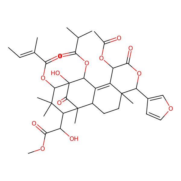 2D Structure of [9-Acetyloxy-6-(furan-3-yl)-13-hydroxy-16-(1-hydroxy-2-methoxy-2-oxoethyl)-1,5,15,15-tetramethyl-12-(2-methylpropanoyloxy)-8,17-dioxo-7-oxatetracyclo[11.3.1.02,11.05,10]heptadec-10-en-14-yl] 2-methylbut-2-enoate