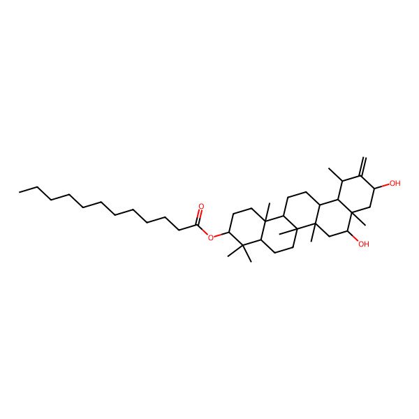 2D Structure of (8,10-Dihydroxy-4,4,6a,6b,8a,12,14b-heptamethyl-11-methylidene-1,2,3,4a,5,6,6a,7,8,9,10,12,12a,13,14,14a-hexadecahydropicen-3-yl) dodecanoate