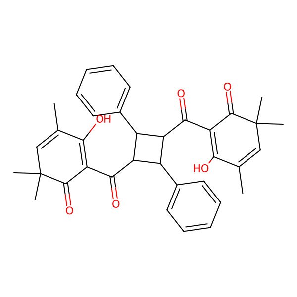 2D Structure of 3-Hydroxy-2-[3-(2-hydroxy-3,5,5-trimethyl-6-oxocyclohexa-1,3-diene-1-carbonyl)-2,4-diphenylcyclobutanecarbonyl]-4,6,6-trimethylcyclohexa-2,4-dien-1-one