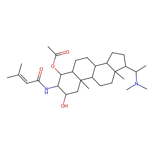 2D Structure of [(2R,3S,4R,5R,8S,9S,10R,13S,14S,17S)-17-[(1S)-1-(dimethylamino)ethyl]-2-hydroxy-10,13-dimethyl-3-(3-methylbut-2-enoylamino)-2,3,4,5,6,7,8,9,11,12,14,15,16,17-tetradecahydro-1H-cyclopenta[a]phenanthren-4-yl] acetate