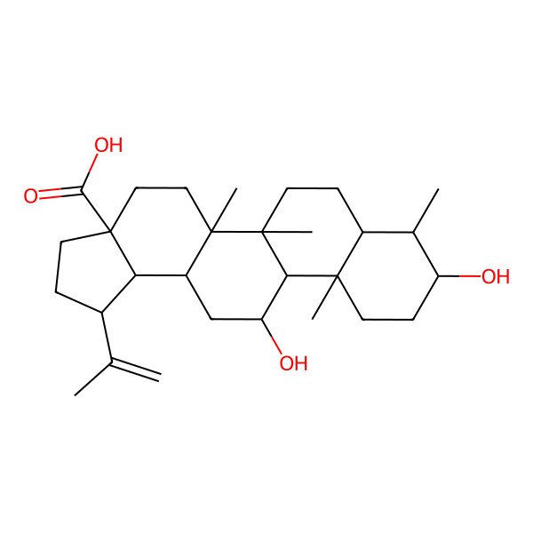 2D Structure of 9,12-dihydroxy-5a,5b,8,11a-tetramethyl-1-prop-1-en-2-yl-2,3,4,5,6,7,7a,8,9,10,11,11b,12,13,13a,13b-hexadecahydro-1H-cyclopenta[a]chrysene-3a-carboxylic acid