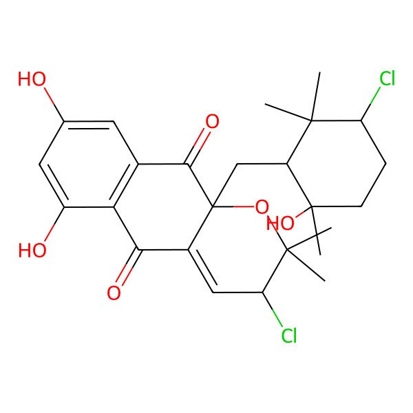 2D Structure of (3S,10aS)-3-chloro-10a-[[(1S,3S,6S)-3-chloro-6-hydroxy-2,2,6-trimethylcyclohexyl]methyl]-6,8-dihydroxy-2,2-dimethyl-3H-benzo[g]chromene-5,10-dione
