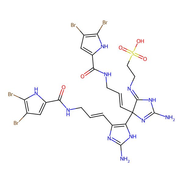 2D Structure of 2-[[(4R)-2-amino-4-[2-amino-4-[(E)-3-[(4,5-dibromo-1H-pyrrole-2-carbonyl)amino]prop-1-enyl]-1H-imidazol-5-yl]-4-[(E)-3-[(4,5-dibromo-1H-pyrrole-2-carbonyl)amino]prop-1-enyl]-1H-imidazol-5-ylidene]amino]ethanesulfonic acid