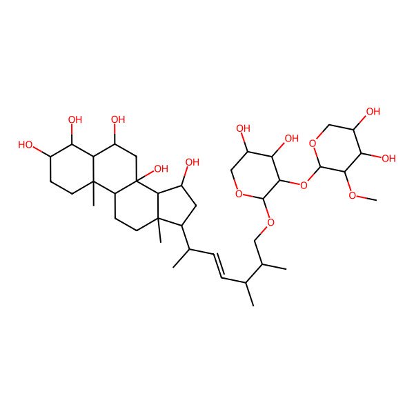 2D Structure of 17-[7-[3-(4,5-Dihydroxy-3-methoxyoxan-2-yl)oxy-4,5-dihydroxyoxan-2-yl]oxy-5,6-dimethylhept-3-en-2-yl]-10,13-dimethyl-1,2,3,4,5,6,7,9,11,12,14,15,16,17-tetradecahydrocyclopenta[a]phenanthrene-3,4,6,8,15-pentol