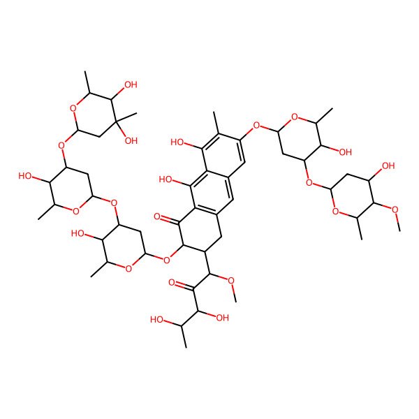 2D Structure of 2-[4-[4-(4,5-dihydroxy-4,6-dimethyloxan-2-yl)oxy-5-hydroxy-6-methyloxan-2-yl]oxy-5-hydroxy-6-methyloxan-2-yl]oxy-3-(3,4-dihydroxy-1-methoxy-2-oxopentyl)-8,9-dihydroxy-6-[5-hydroxy-4-(4-hydroxy-5-methoxy-6-methyloxan-2-yl)oxy-6-methyloxan-2-yl]oxy-7-methyl-3,4-dihydro-2H-anthracen-1-one