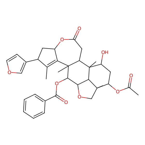 2D Structure of [17-Acetyloxy-8-(furan-3-yl)-19-hydroxy-1,9,11,16-tetramethyl-4-oxo-5,14-dioxapentacyclo[11.6.1.02,11.06,10.016,20]icos-9-en-12-yl] benzoate