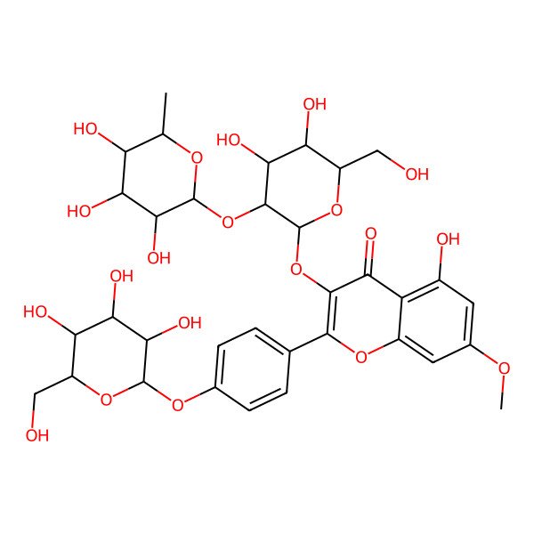 2D Structure of 3-[(2S,3R,4S,5R,6R)-4,5-dihydroxy-6-(hydroxymethyl)-3-[(2S,3S,4R,5R,6S)-3,4,5-trihydroxy-6-methyloxan-2-yl]oxyoxan-2-yl]oxy-5-hydroxy-7-methoxy-2-[4-[(2S,3R,4S,5R,6R)-3,4,5-trihydroxy-6-(hydroxymethyl)oxan-2-yl]oxyphenyl]chromen-4-one