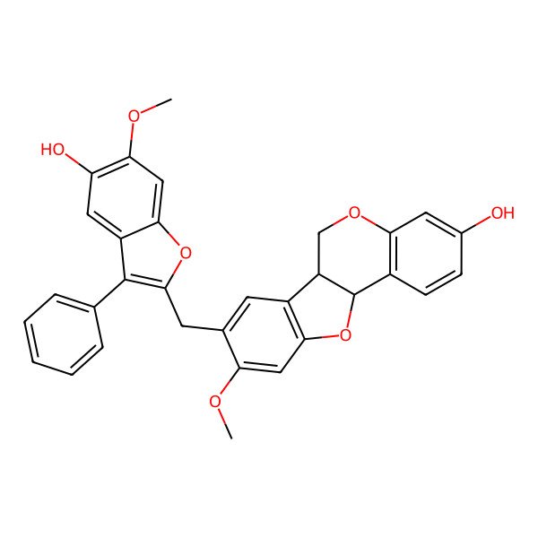 2D Structure of (6aS,11aS)-8-[(5-hydroxy-6-methoxy-3-phenyl-1-benzofuran-2-yl)methyl]-9-methoxy-6a,11a-dihydro-6H-[1]benzofuro[3,2-c]chromen-3-ol