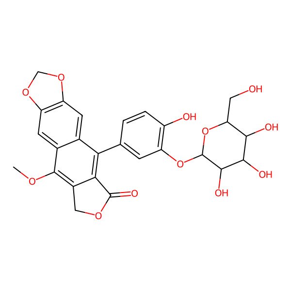 2D Structure of 9-[4-hydroxy-3-[3,4,5-trihydroxy-6-(hydroxymethyl)oxan-2-yl]oxyphenyl]-5-methoxy-6H-[2]benzofuro[5,6-f][1,3]benzodioxol-8-one