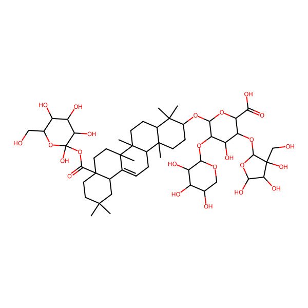 2D Structure of (3S,5S,6R)-6-[[(3S,6aR,6bS,8aS,12aS,14bR)-4,4,6a,6b,11,11,14b-heptamethyl-8a-[(2R,3S,5S)-2,3,4,5-tetrahydroxy-6-(hydroxymethyl)oxan-2-yl]oxycarbonyl-1,2,3,4a,5,6,7,8,9,10,12,12a,14,14a-tetradecahydropicen-3-yl]oxy]-4-hydroxy-3-[(4R)-3,4,5-trihydroxy-3-(hydroxymethyl)oxolan-2-yl]oxy-5-[(3S,4R,5R)-3,4,5-trihydroxyoxan-2-yl]oxyoxane-2-carboxylic acid