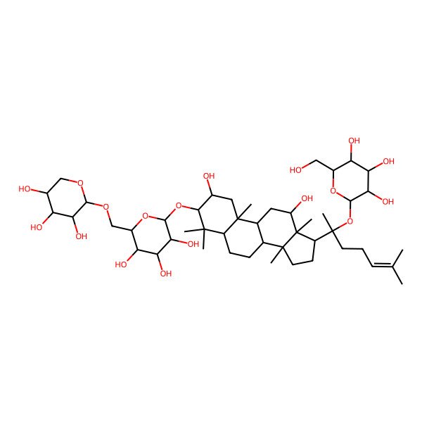 2D Structure of 2-[2-[2,12-dihydroxy-4,4,10,13,14-pentamethyl-3-[3,4,5-trihydroxy-6-[(3,4,5-trihydroxyoxan-2-yl)oxymethyl]oxan-2-yl]oxy-2,3,5,6,7,8,9,11,12,15,16,17-dodecahydro-1H-cyclopenta[a]phenanthren-17-yl]-6-methylhept-5-en-2-yl]oxy-6-(hydroxymethyl)oxane-3,4,5-triol