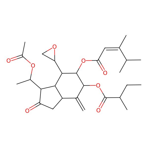 2D Structure of [(3R,3aS,4S,5S,6R,7aS)-3-[(1S)-1-acetyloxyethyl]-6-[(2R)-2-methylbutanoyl]oxy-7-methylidene-4-[(2R)-oxiran-2-yl]-2-oxo-3,3a,4,5,6,7a-hexahydro-1H-inden-5-yl] (Z)-3,4-dimethylpent-2-enoate