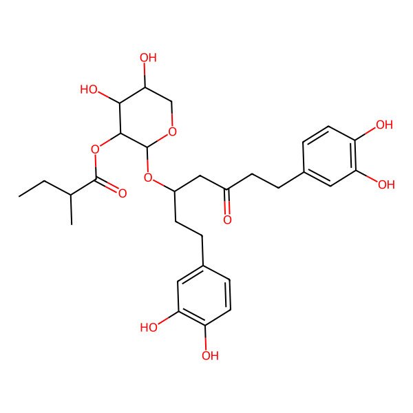 2D Structure of [(2S,3R,4S,5R)-2-[(3S)-1,7-bis(3,4-dihydroxyphenyl)-5-oxoheptan-3-yl]oxy-4,5-dihydroxyoxan-3-yl] (2R)-2-methylbutanoate