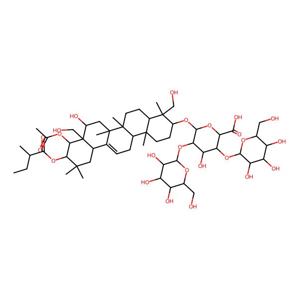 2D Structure of (2S,3S,4S,5R,6R)-6-[[(3S,4S,4aR,6aR,6bS,8R,8aR,9R,10R,12aS,14aR,14bR)-9-acetyloxy-8-hydroxy-4,8a-bis(hydroxymethyl)-4,6a,6b,11,11,14b-hexamethyl-10-[(2R)-2-methylbutanoyl]oxy-1,2,3,4a,5,6,7,8,9,10,12,12a,14,14a-tetradecahydropicen-3-yl]oxy]-4-hydroxy-3,5-bis[[(2S,3R,4S,5S,6R)-3,4,5-trihydroxy-6-(hydroxymethyl)oxan-2-yl]oxy]oxane-2-carboxylic acid