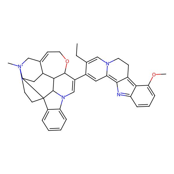 2D Structure of (4aR,5aS,8aS,13aS,15aR,15bR)-15-(3-ethyl-8-methoxy-6,7-dihydroindolo[2,3-a]quinolizin-2-yl)-6-methyl-2,4a,5,5a,7,8,13a,15a,15b,16-decahydro4,6-methanoindolo[3,2,1-ij]oxepino[2,3,4-de]pyrrolo[2,3-h]quinolin-6-ium