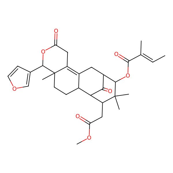 2D Structure of [6-(Furan-3-yl)-16-(2-methoxy-2-oxoethyl)-5,15,15-trimethyl-8,17-dioxo-7-oxatetracyclo[11.3.1.02,11.05,10]heptadec-10-en-14-yl] 2-methylbut-2-enoate