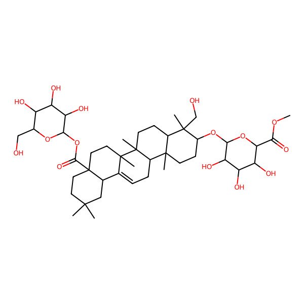 2D Structure of methyl (2S,3S,4S,5R,6R)-6-[[(3S,4R,4aR,6aR,6bS,8aS,12aS,14aR,14bR)-4-(hydroxymethyl)-4,6a,6b,11,11,14b-hexamethyl-8a-[(2S,3R,4S,5S,6R)-3,4,5-trihydroxy-6-(hydroxymethyl)oxan-2-yl]oxycarbonyl-1,2,3,4a,5,6,7,8,9,10,12,12a,14,14a-tetradecahydropicen-3-yl]oxy]-3,4,5-trihydroxyoxane-2-carboxylate