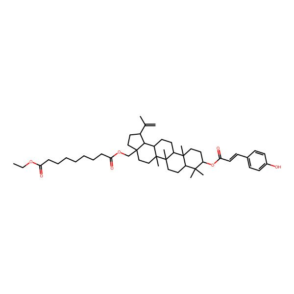 2D Structure of 9-O-[[(1R,3aS,5aR,5bR,7aR,9S,11aS,11bR,13aR,13bS)-9-[(E)-3-(4-hydroxyphenyl)prop-2-enoyl]oxy-5a,5b,8,8,11a-pentamethyl-1-prop-1-en-2-yl-1,2,3,4,5,6,7,7a,9,10,11,11b,12,13,13a,13b-hexadecahydrocyclopenta[a]chrysen-3a-yl]methyl] 1-O-ethyl nonanedioate