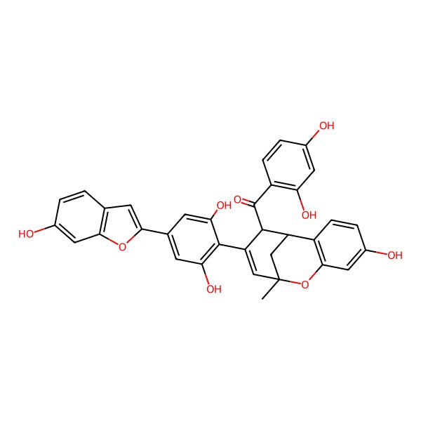 2D Structure of [(1R,9S,12S)-11-[2,6-dihydroxy-4-(6-hydroxy-1-benzofuran-2-yl)phenyl]-5-hydroxy-9-methyl-8-oxatricyclo[7.3.1.02,7]trideca-2(7),3,5,10-tetraen-12-yl]-(2,4-dihydroxyphenyl)methanone