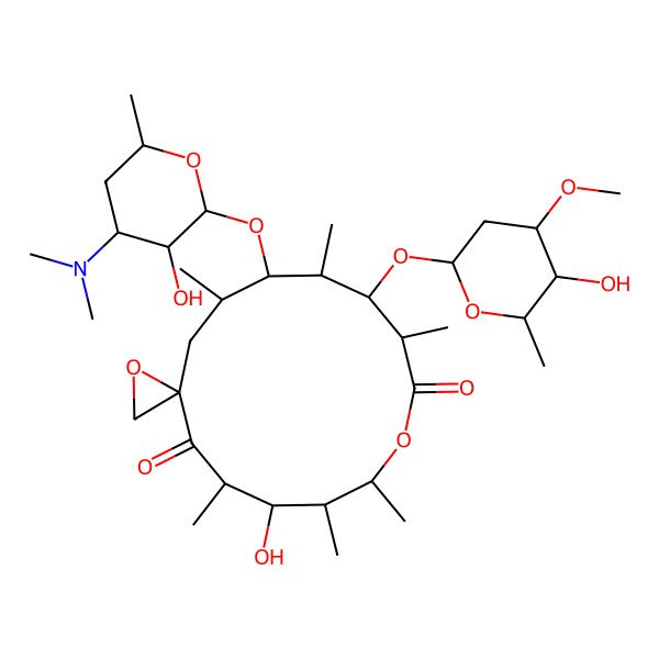 2D Structure of (3S,5R,6R,7S,9S,12S,13S,14R)-6-[(2R,3S,4R,6S)-4-(dimethylamino)-3-hydroxy-6-methyloxan-2-yl]oxy-14-hydroxy-8-[(2S,4R,5R,6R)-5-hydroxy-4-methoxy-6-methyloxan-2-yl]oxy-5,7,9,12,13,15-hexamethyl-1,11-dioxaspiro[2.13]hexadecane-10,16-dione
