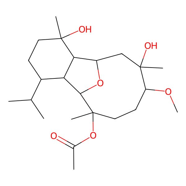 2D Structure of (3,13-Dihydroxy-12-methoxy-3,9,13-trimethyl-6-propan-2-yl-15-oxatricyclo[6.6.1.02,7]pentadecan-9-yl) acetate