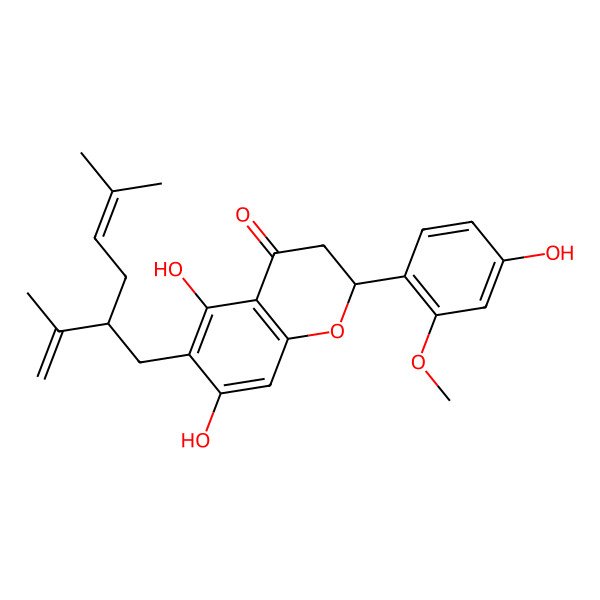 2D Structure of (2S)-5,7-dihydroxy-2-(4-hydroxy-2-methoxyphenyl)-6-[(2S)-5-methyl-2-prop-1-en-2-ylhex-4-enyl]-2,3-dihydrochromen-4-one