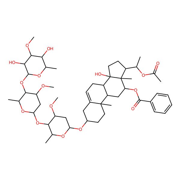 2D Structure of [(3S,8R,9S,10R,12R,13S,14S,17S)-17-[(1S)-1-acetyloxyethyl]-3-[(2R,4S,5R,6R)-5-[(2S,4S,5R,6R)-5-[(2S,3R,4R,5R,6R)-3,5-dihydroxy-4-methoxy-6-methyloxan-2-yl]oxy-4-methoxy-6-methyloxan-2-yl]oxy-4-methoxy-6-methyloxan-2-yl]oxy-14-hydroxy-10,13-dimethyl-1,2,3,4,7,8,9,11,12,15,16,17-dodecahydrocyclopenta[a]phenanthren-12-yl] benzoate